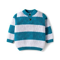 Babyhug Cotton Knit Full Sleeves Sweater Set With Stripes -Teal Blue & White