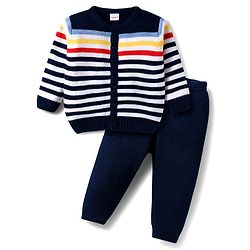 Babyhug Knitted Full Sleeves Striped Sweater Set - Navy Blue