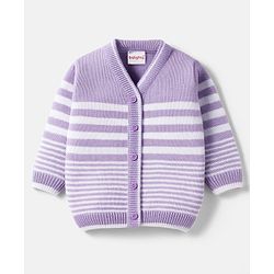 Babyhug Knit Full Sleeves Front Open Sweater Set with Stripes - Lavender