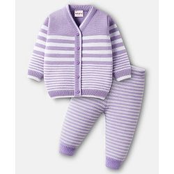 Babyhug Knit Full Sleeves Front Open Sweater Set with Stripes - Lavender