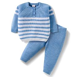 Babyhug Knitted Full Raglan Sleeves Striped Sweater Set - Light Blue