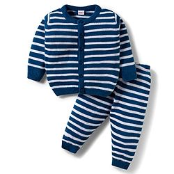 Babyhug Knitted Full Sleeves Striped Co-ord Sweater Set - Blue & White