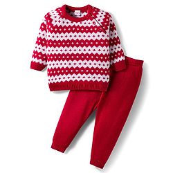 Babyhug Knitted Full Raglan Sleeves Design Sweater Set - Red & White