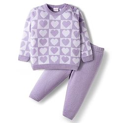 Babyhug Knit Full Sleeves Solid Color Pullover Sweater Set with Heart Design - Lavender