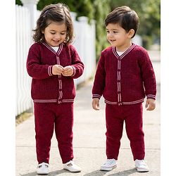 Babyhug Knitted Full Sleeves Solid Sweater Set - Maroon