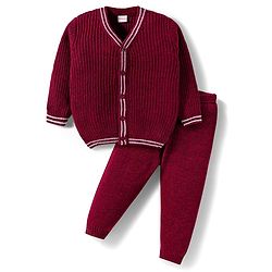 Babyhug Knitted Full Sleeves Solid Sweater Set - Maroon