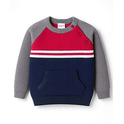 Babyhug Knitted Full Raglan Sleeves Sweater Set With Color Block Design - Navy Blue Red & Grey