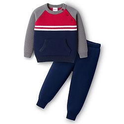 Babyhug Knitted Full Raglan Sleeves Sweater Set With Color Block Design - Navy Blue Red & Grey