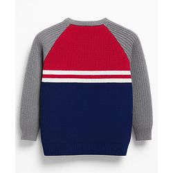 Babyhug Knitted Full Raglan Sleeves Sweater Set With Color Block Design - Navy Blue Red & Grey