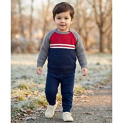 Babyhug Knitted Full Raglan Sleeves Sweater Set With Color Block Design - Navy Blue Red & Grey
