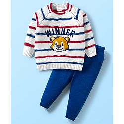 Babyhug Knitted Full Raglan Sleeves Striped Sweater Set With Animal Embroidery - White & Blue