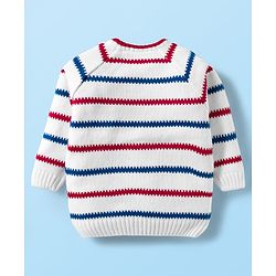 Babyhug Knitted Full Raglan Sleeves Striped Sweater Set With Animal Embroidery - White & Blue