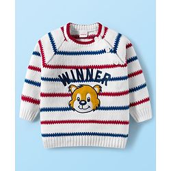 Babyhug Knitted Full Raglan Sleeves Striped Sweater Set With Animal Embroidery - White & Blue