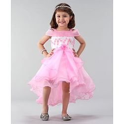 Babyhug Off Shoulder Tissue Fabric Party Wear Dress Floral Applique - Pink