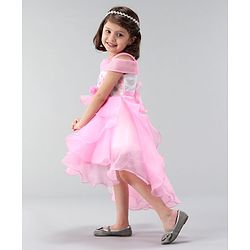 Babyhug Off Shoulder Tissue Fabric Party Wear Dress Floral Applique - Pink
