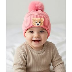 Babyhug Knit Woollen Cap With Teddy Bear Patch Pink - Diameter 9 cm