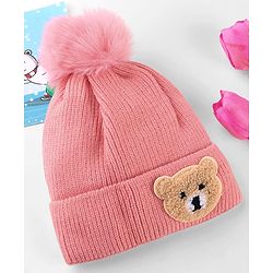 Babyhug Knit Woollen Cap With Teddy Bear Patch Pink - Diameter 9 cm
