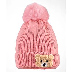 Babyhug Knit Woollen Cap With Teddy Bear Patch Pink - Diameter 9 cm