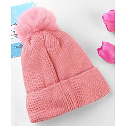 Babyhug Knit Woollen Cap With Teddy Bear Patch Pink - Diameter 9 cm