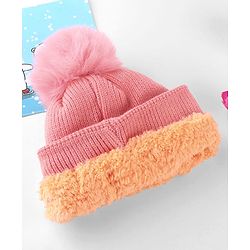 Babyhug Knit Woollen Cap With Teddy Bear Patch Pink - Diameter 9 cm