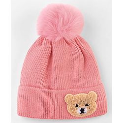 Babyhug Knit Woollen Cap With Teddy Bear Patch Pink - Diameter 9 cm