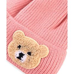Babyhug Knit Woollen Cap With Teddy Bear Patch Pink - Diameter 9 cm