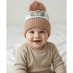 Babyhug Knit Woollen Cap With Teddy Bear Design Brown - Diameter 9 cm