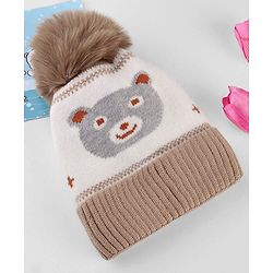 Babyhug Knit Woollen Cap With Teddy Bear Design Brown - Diameter 9 cm