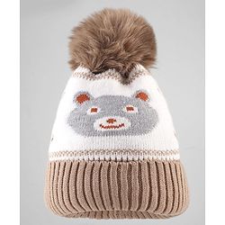 Babyhug Knit Woollen Cap With Teddy Bear Design Brown - Diameter 9 cm