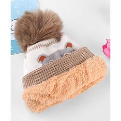 Babyhug Knit Woollen Cap With Teddy Bear Design Brown - Diameter 9 cm