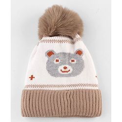 Babyhug Knit Woollen Cap With Teddy Bear Design Brown - Diameter 9 cm