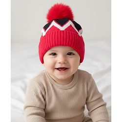 Babyhug Knit Woollen Cap Black & Red - Diameter 9 cm