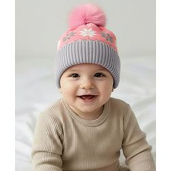 Babyhug Knit Woollen Cap With Floral Design Pink & Grey - Diameter 9 cm