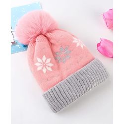 Babyhug Knit Woollen Cap With Floral Design Pink & Grey - Diameter 9 cm