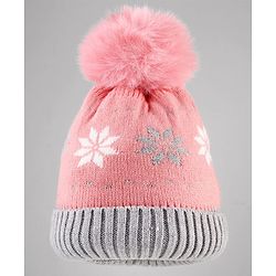 Babyhug Knit Woollen Cap With Floral Design Pink & Grey - Diameter 9 cm