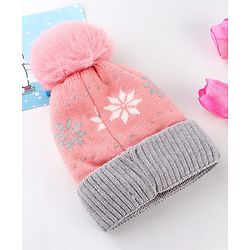 Babyhug Knit Woollen Cap With Floral Design Pink & Grey - Diameter 9 cm