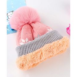 Babyhug Knit Woollen Cap With Floral Design Pink & Grey - Diameter 9 cm