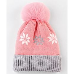 Babyhug Knit Woollen Cap With Floral Design Pink & Grey - Diameter 9 cm