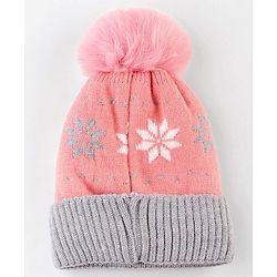 Babyhug Knit Woollen Cap With Floral Design Pink & Grey - Diameter 9 cm