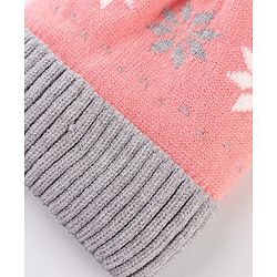 Babyhug Knit Woollen Cap With Floral Design Pink & Grey - Diameter 9 cm