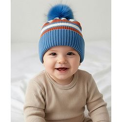 Babyhug Knit Striped Woollen Cap Blue & Brown - Diameter 9 cm