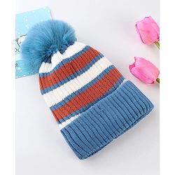 Babyhug Knit Striped Woollen Cap Blue & Brown - Diameter 9 cm