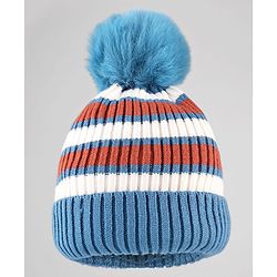 Babyhug Knit Striped Woollen Cap Blue & Brown - Diameter 9 cm
