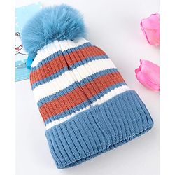 Babyhug Knit Striped Woollen Cap Blue & Brown - Diameter 9 cm