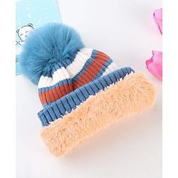 Babyhug Knit Striped Woollen Cap Blue & Brown - Diameter 9 cm