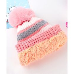 Babyhug Knit Striped Woollen Cap Blue & Brown - Diameter 9 cm