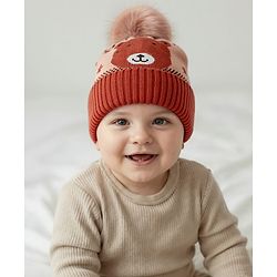 Babyhug Knit Woollen Cap With Teddy Bear Design Brown - Diameter 9 cm