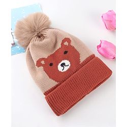 Babyhug Knit Woollen Cap With Teddy Bear Design Brown - Diameter 9 cm