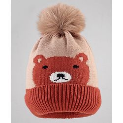 Babyhug Knit Woollen Cap With Teddy Bear Design Brown - Diameter 9 cm