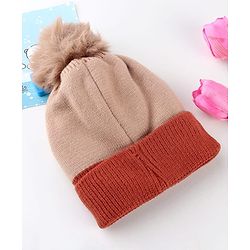 Babyhug Knit Woollen Cap With Teddy Bear Design Brown - Diameter 9 cm